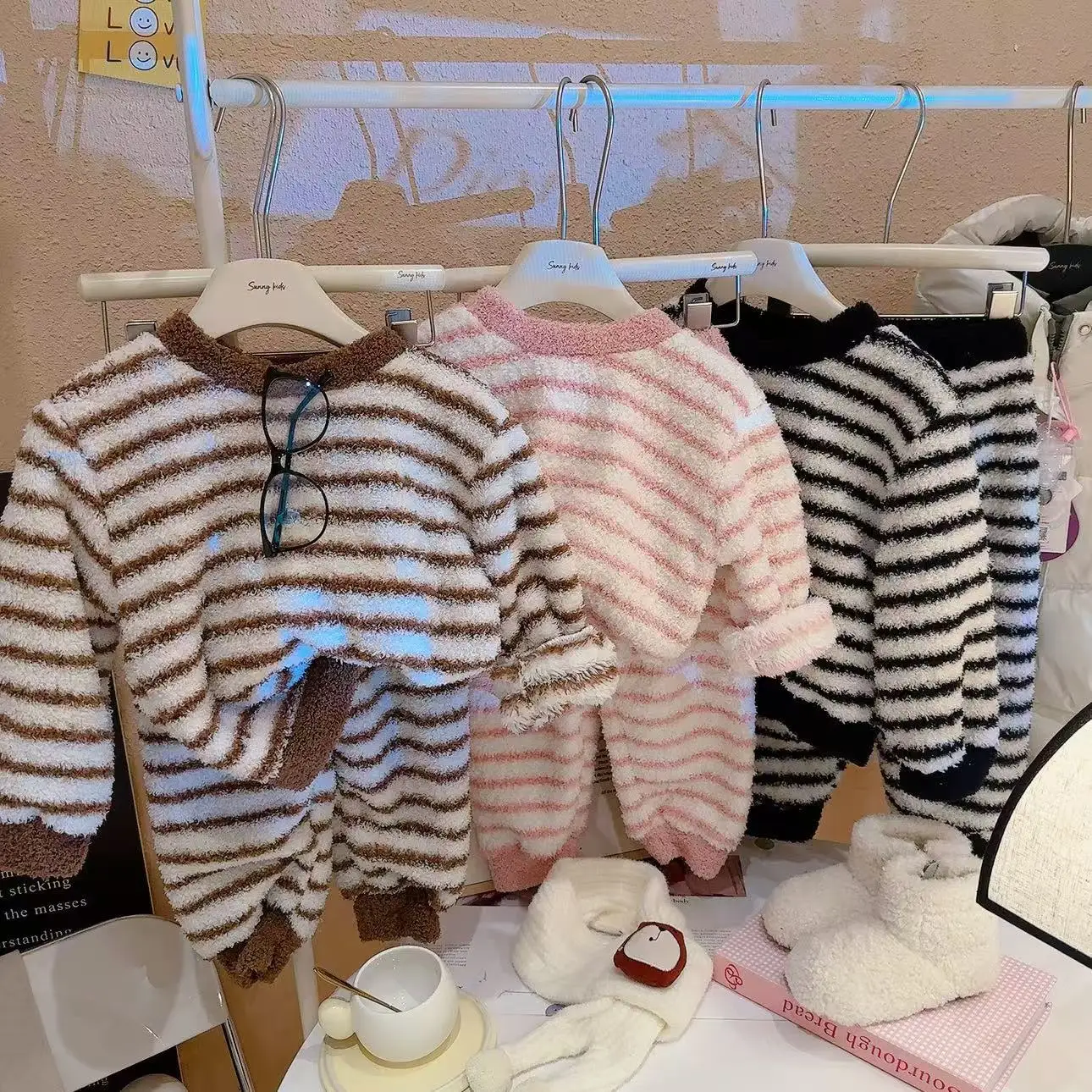 Baby Girls Boys Velvet Pajamas Set Toddler Striped Underwear Suit Teens Casual Sleep Wear 2024 Autumn Winter Children's Clothing