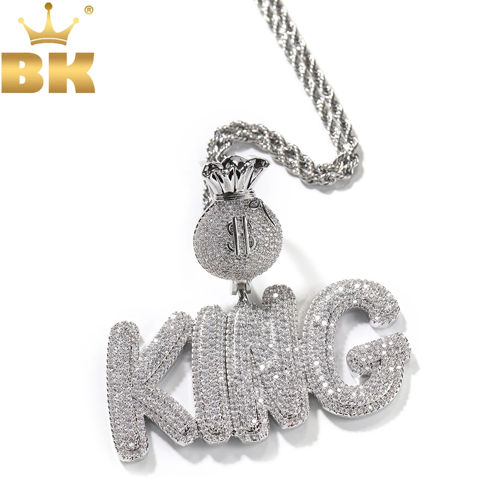 

THE BLING KING Custom Bubble Letters With Dollar Sign Money Bag Clasp Name Pendant Necklace Iced Out CZ Charm Hiphop Jewelry
