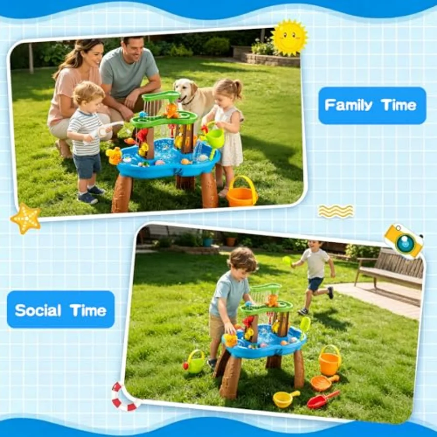 Outdoor toddler water table with fishing game set, BPA-free plastic, blue and yellow, splash pond with rain showers for 3-8 yea