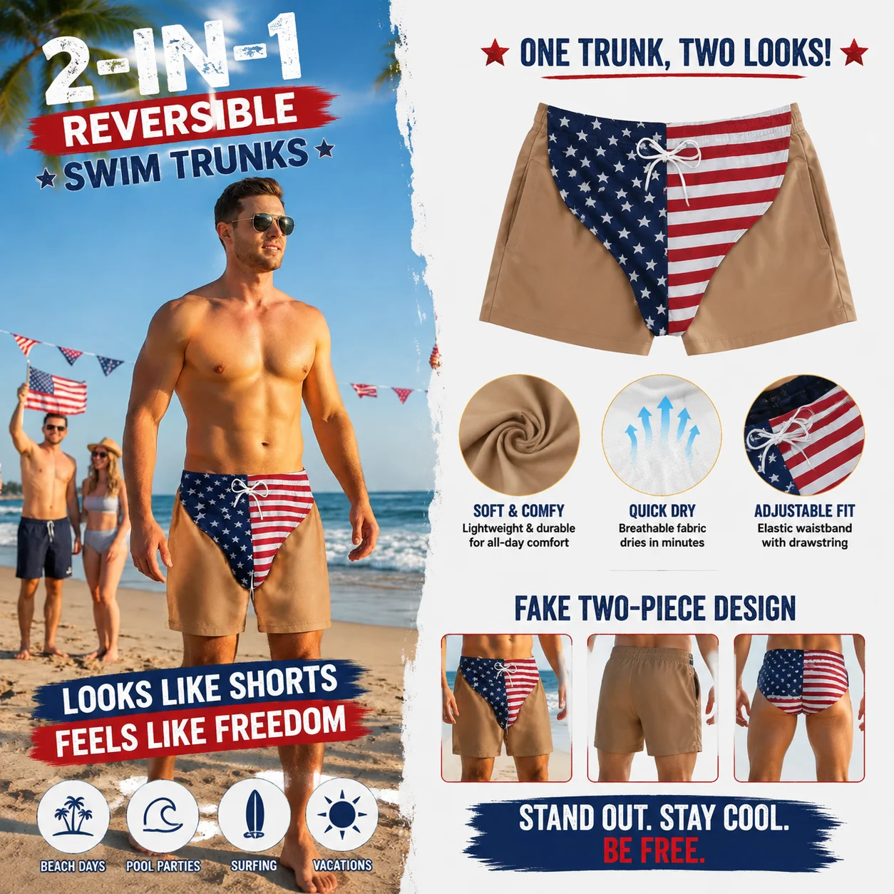 Pool Party Swim Shorts Mens Swim Trunks Funny Patriotic Men’s Swim Trunks American Stars Stripes Board Shorts for Summer Fashion