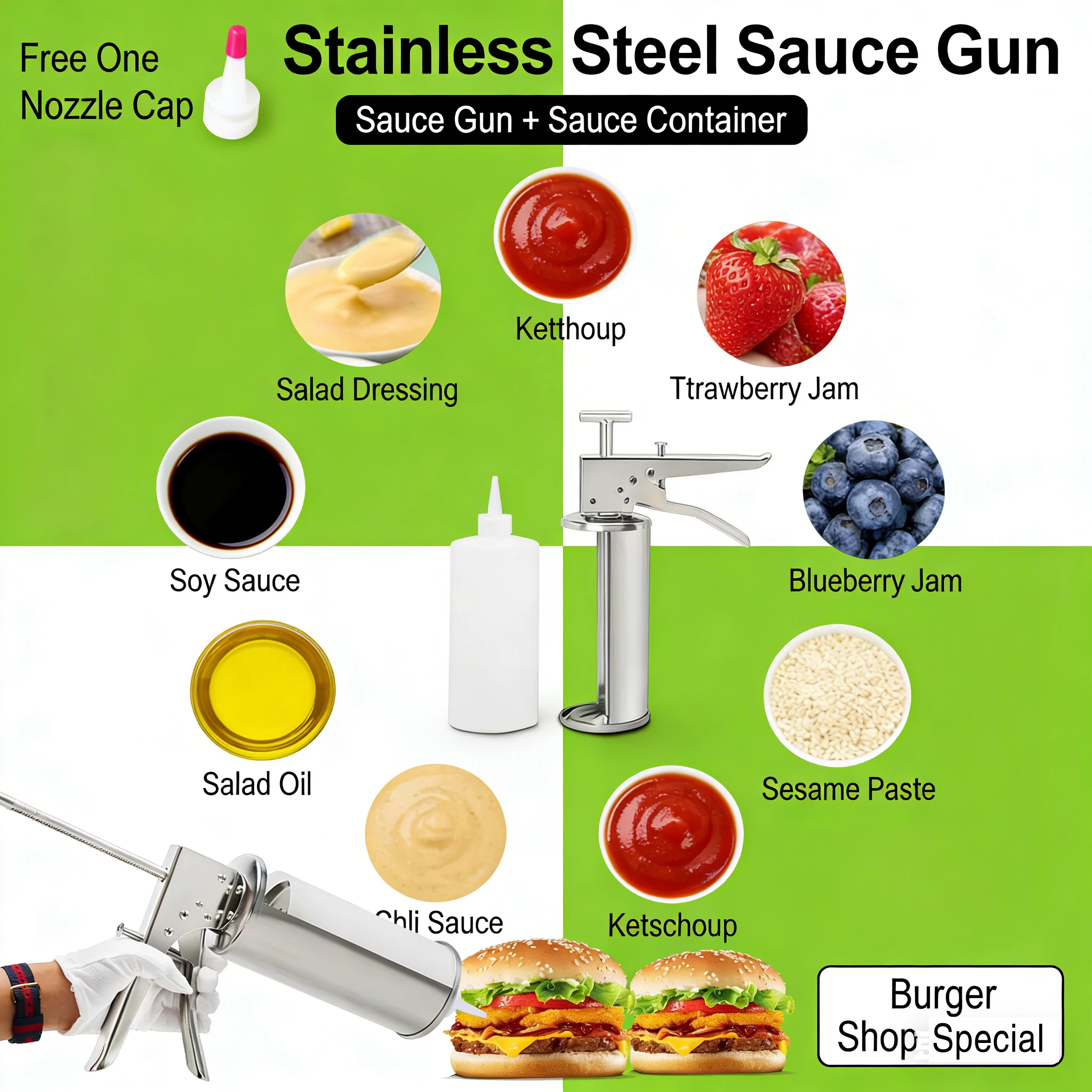 ハンバーガーソースガン-ソース絞り機-ステンレス製-トマトソース-サラダドレッシングガン-ハンバーガーショップ-特殊用途
