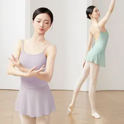 Women Ballet Dress Gymnastics Dance Leotard with Skirt Adjustable Strap Dancing Bodysuit Ballerina Splice Camisole Leotard Dress