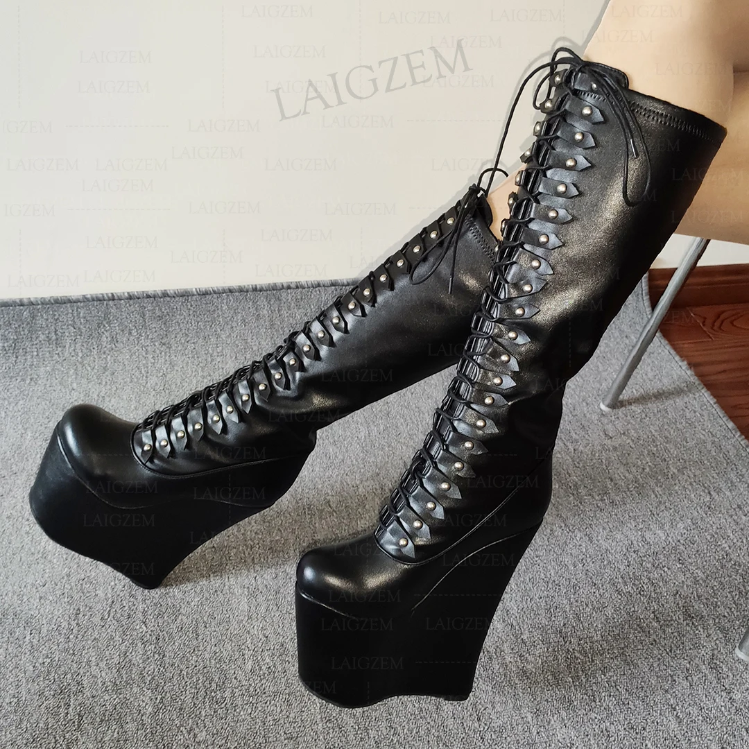 

LAIGZEM Women Knee High Boots Platform Wedges 20CM High Heels Lace Up Tall Boots Height Increase Shoes Woman Big Size 43 45 48