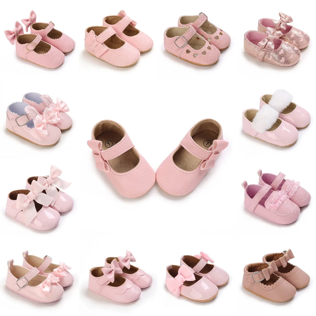 Baby Newborn Girl Princess Anti slip Bow Shoes Preschool Children\'s Soft PU Leather Walking Shoes Pink Series First Walking Shoe