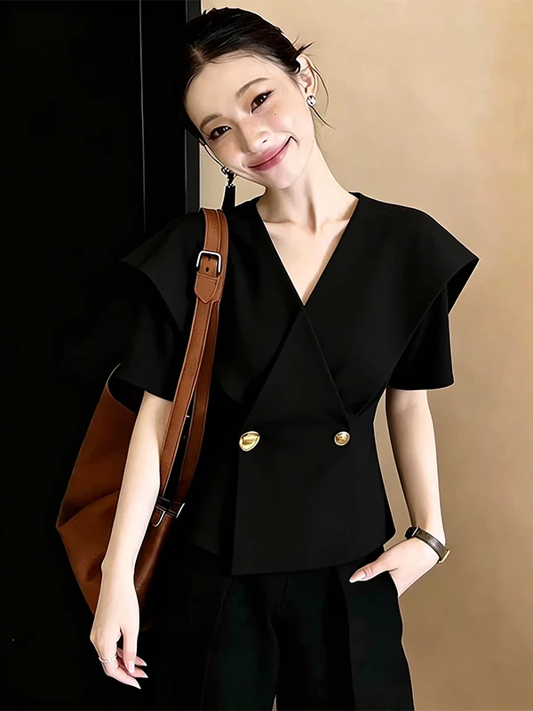 

Black V-Neck Waist-Cinching Short Sleeve Shirt Women's Large Size Summer New Design High-End Feelings Korean Style Top