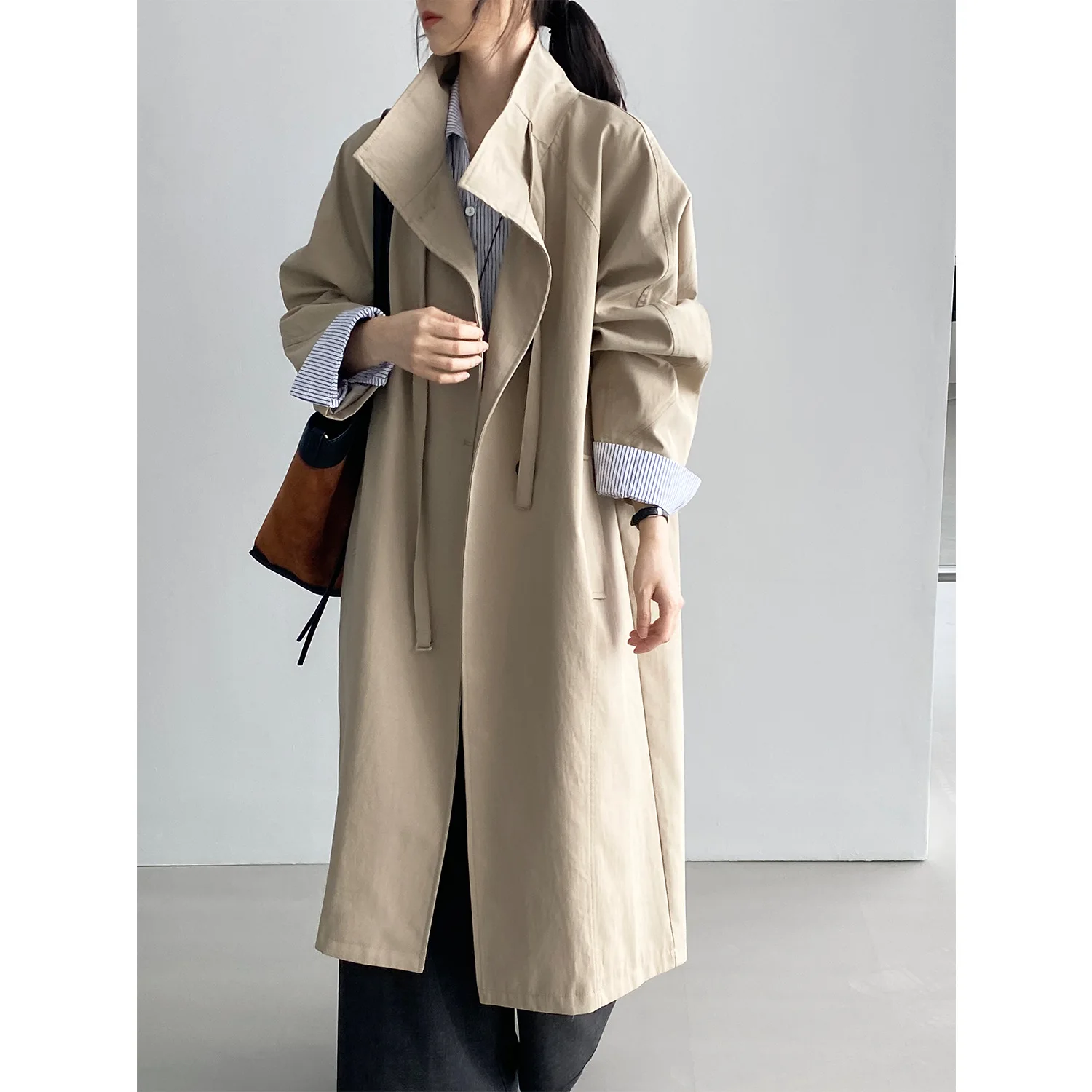 

SuperAen Oversize Elegant England Style Khaki Stand-up Collar Trench for Women Autumn New Loose Casual Long Coats