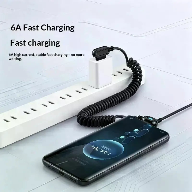 120W Retractable Coiled USB Type C Cables 6A Quick Charging Data Cord 90 Degree Elbow Spring Type-C Car Cable