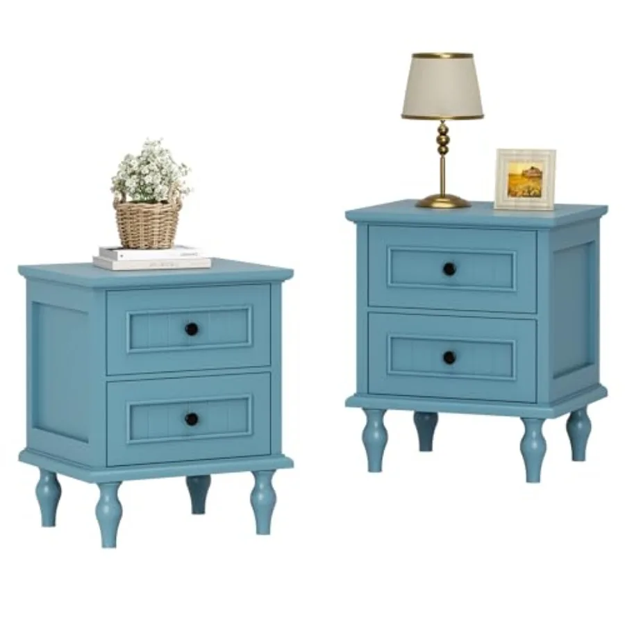 Nightstand Set of 2 Antique Style End Table with 2 Drawers Taller Nightstand for Bedroom Side Table for Bedroom Blue Double