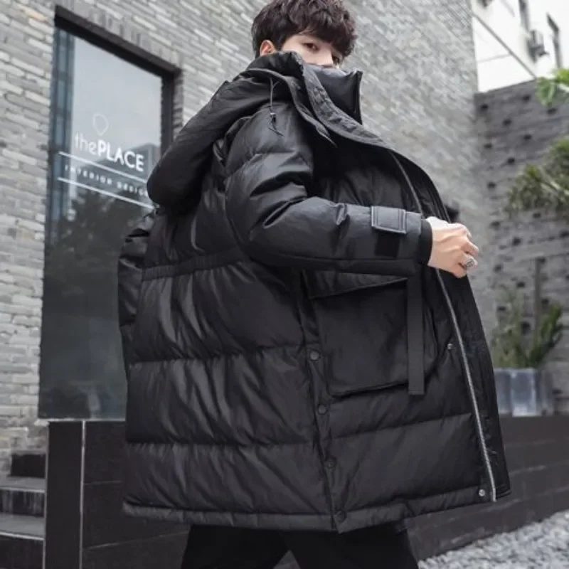 New Men Down Jacket Winter Coat Mid-length Loose Leisure Parkas Thicken Warm Trend Outwear Hooded Handsome Overcoat