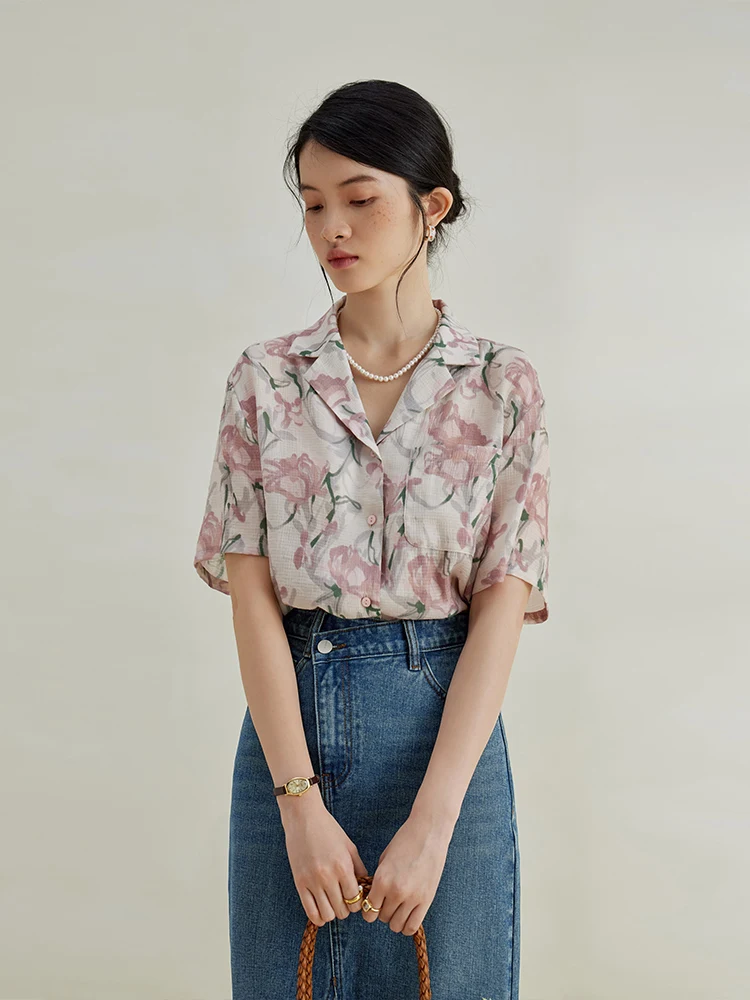 ZIQIAO Retro Floral Lapel Shirt for Women Summer Niche Sense Seaside Vacation Style French Short Sleeve Top Shirt Female