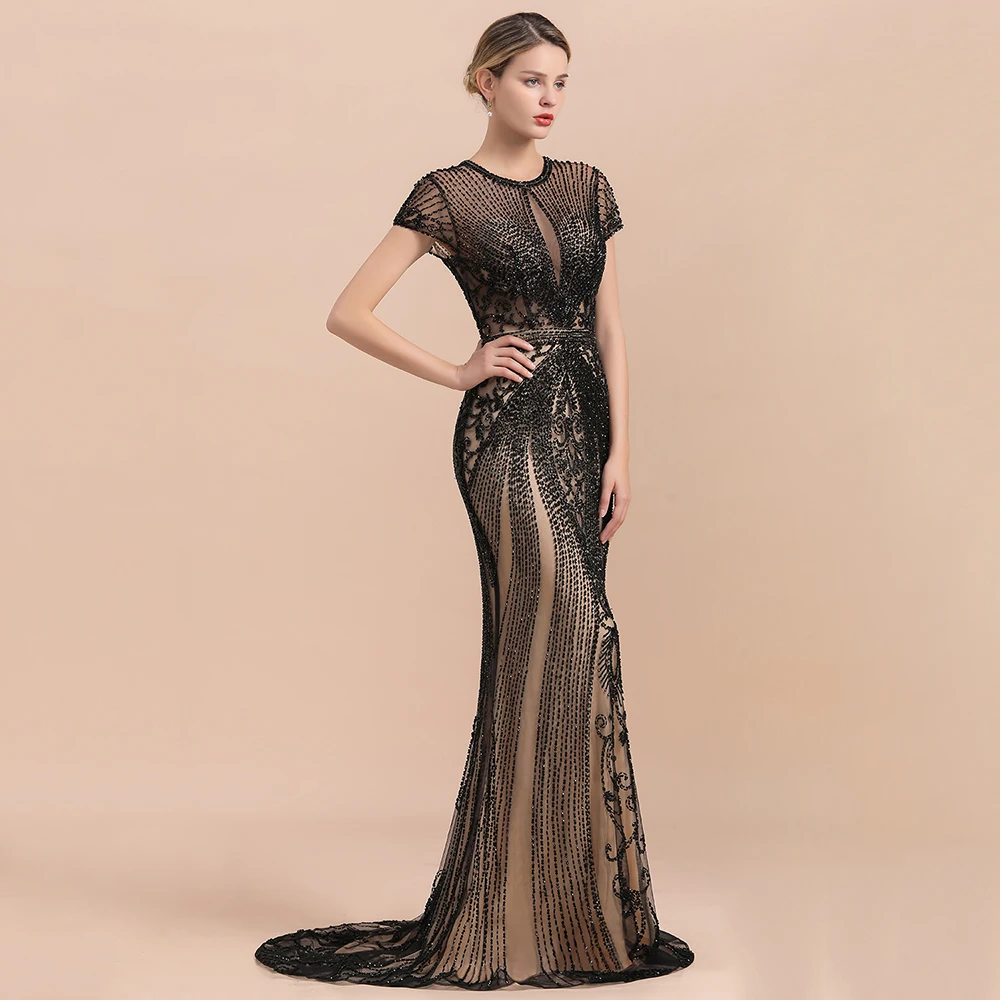 2024 Hot Luxury Beads Stones Mermaid Prom Dresses For Women Party Short Sleeves Sexy Sheer Back Evening Gowns Vestido De Festa