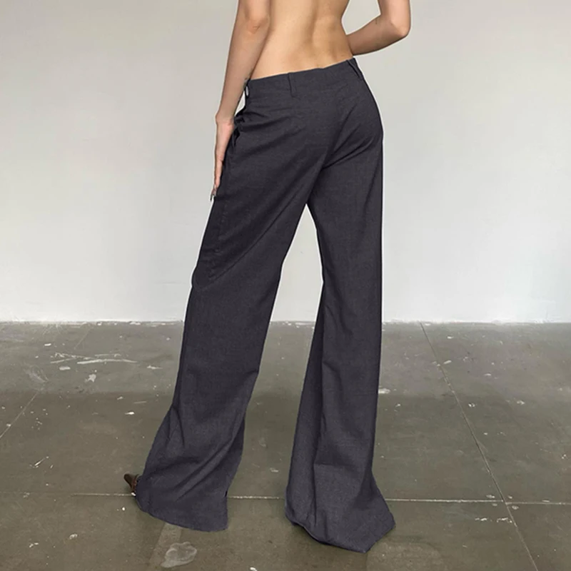 SUCHCUTE Women Solid Low Waist  Straight-leg Suit Pant Korean Female Office Elegant Gray Trousers 2024 Autumn Streetwear Outfits