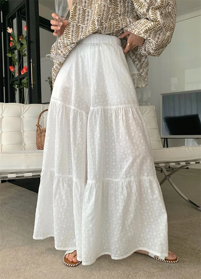 

Женские повседневные брюки с высокой талией и вышивкой, эластичные, свободные, широкие штанины, с эффектом похудения, плиссированная юбка-клеш с пэчворком