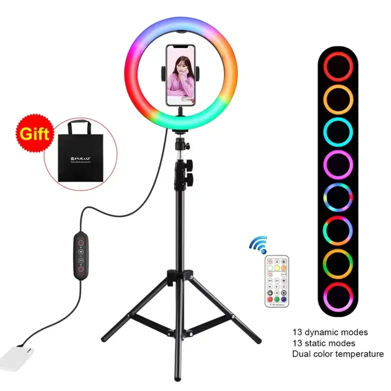 26cm RGB LED Ring Light with 1.1m Tripod Stand Dimmable Selfie Fill Lamp for TikTok Video Portable Phone Holder Beauty