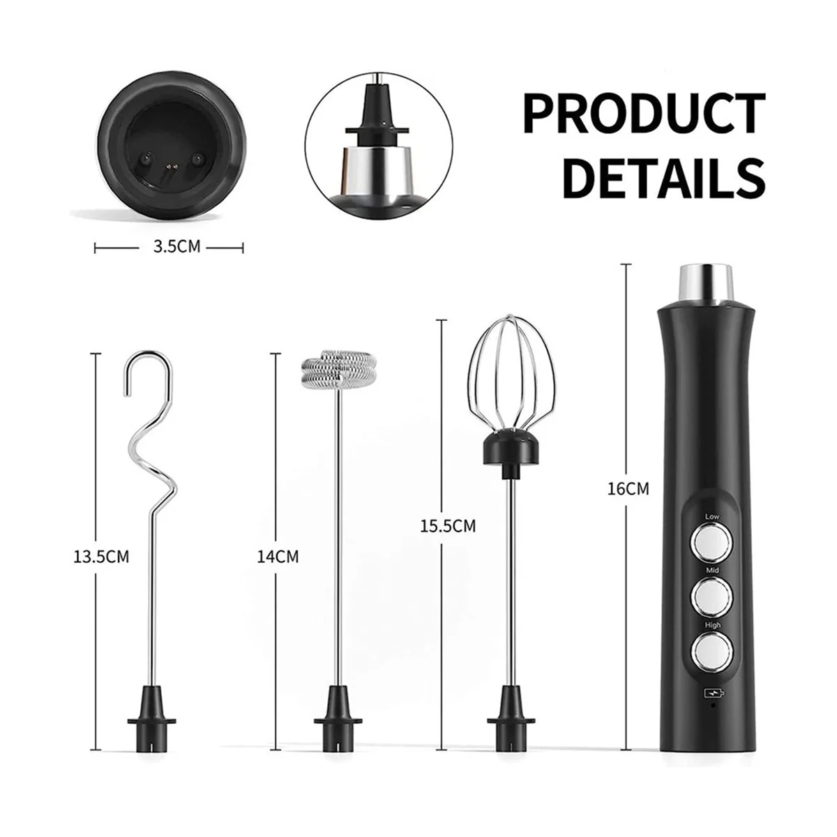 Montalatte elettrico USB 3 velocità trampoliere per uova 3 frusta frullino per le uova portatile miscelatore per bevande al caffè pratico, A