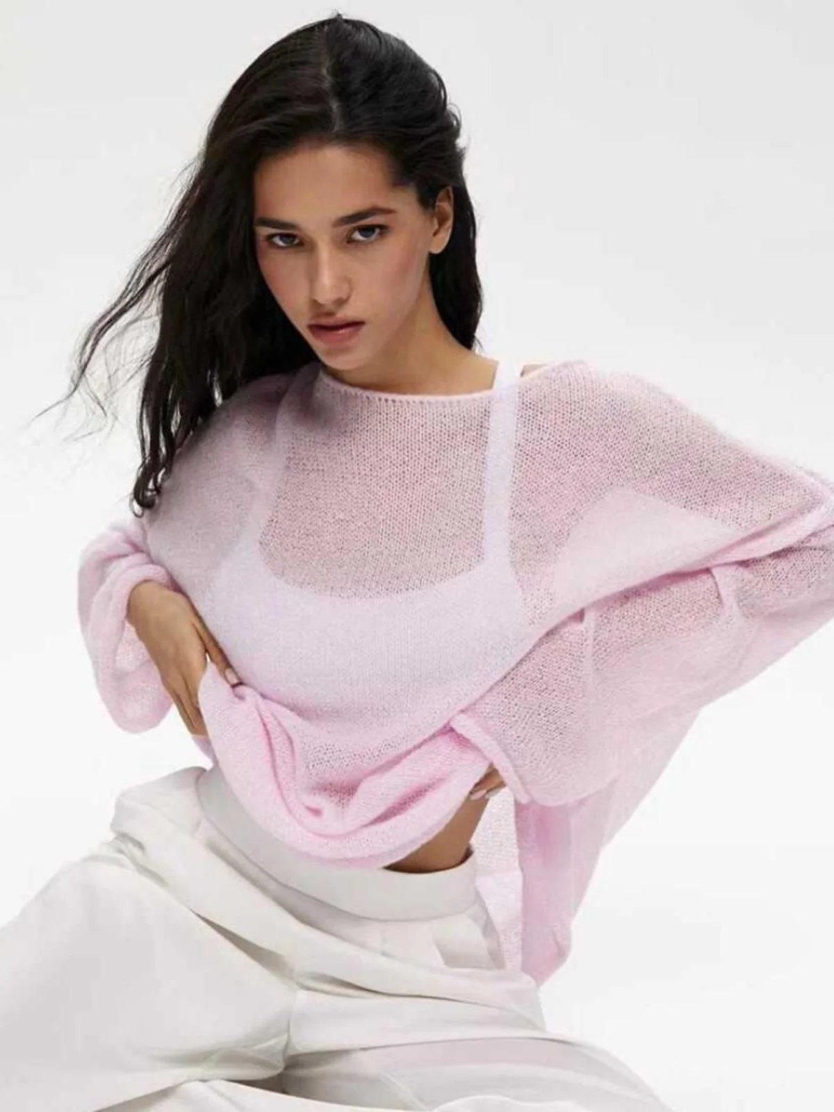 

Новая свободная длинная вязаная кофта с прозрачным дизайном, удобная посадка, женская мода, весна-осень, цветной вариант