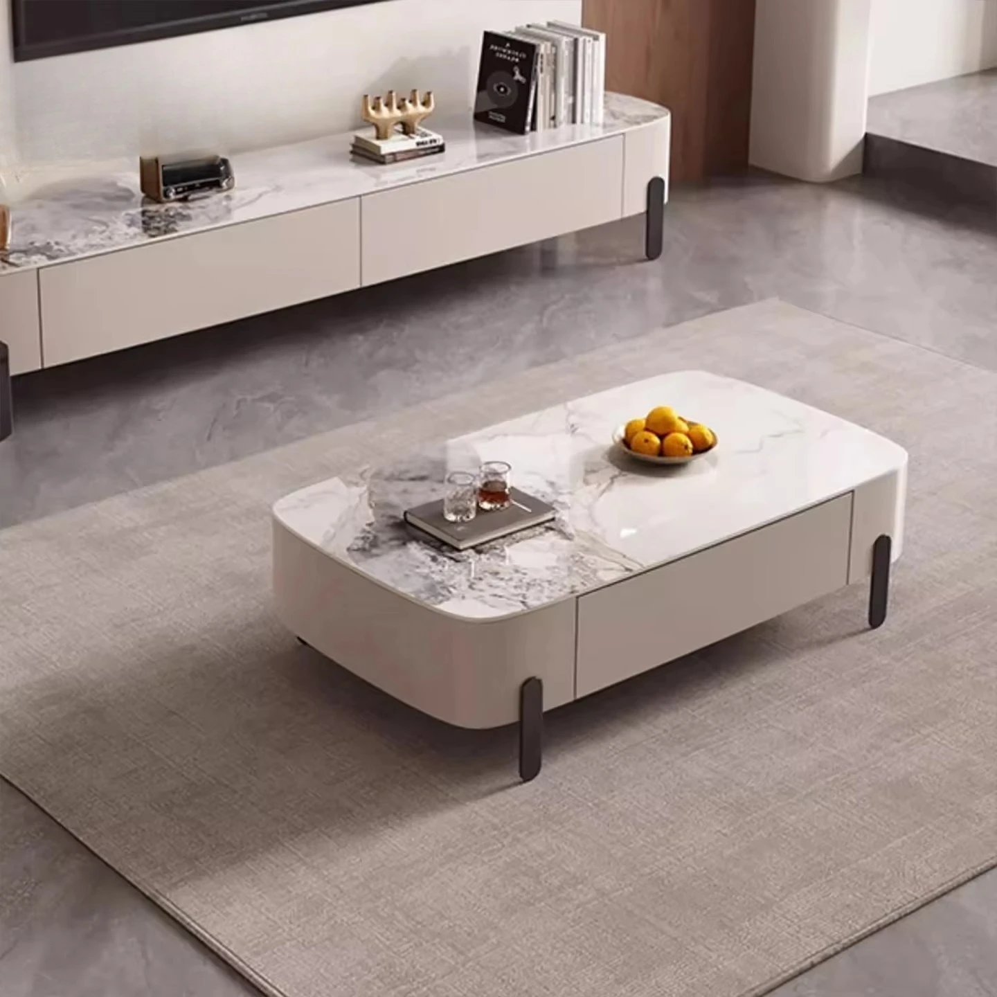 

Italian Luxury Solid Wood Base Coffee Table Quartz Slab Rectangle Living Room Furniture Set Simplicity Teapoy