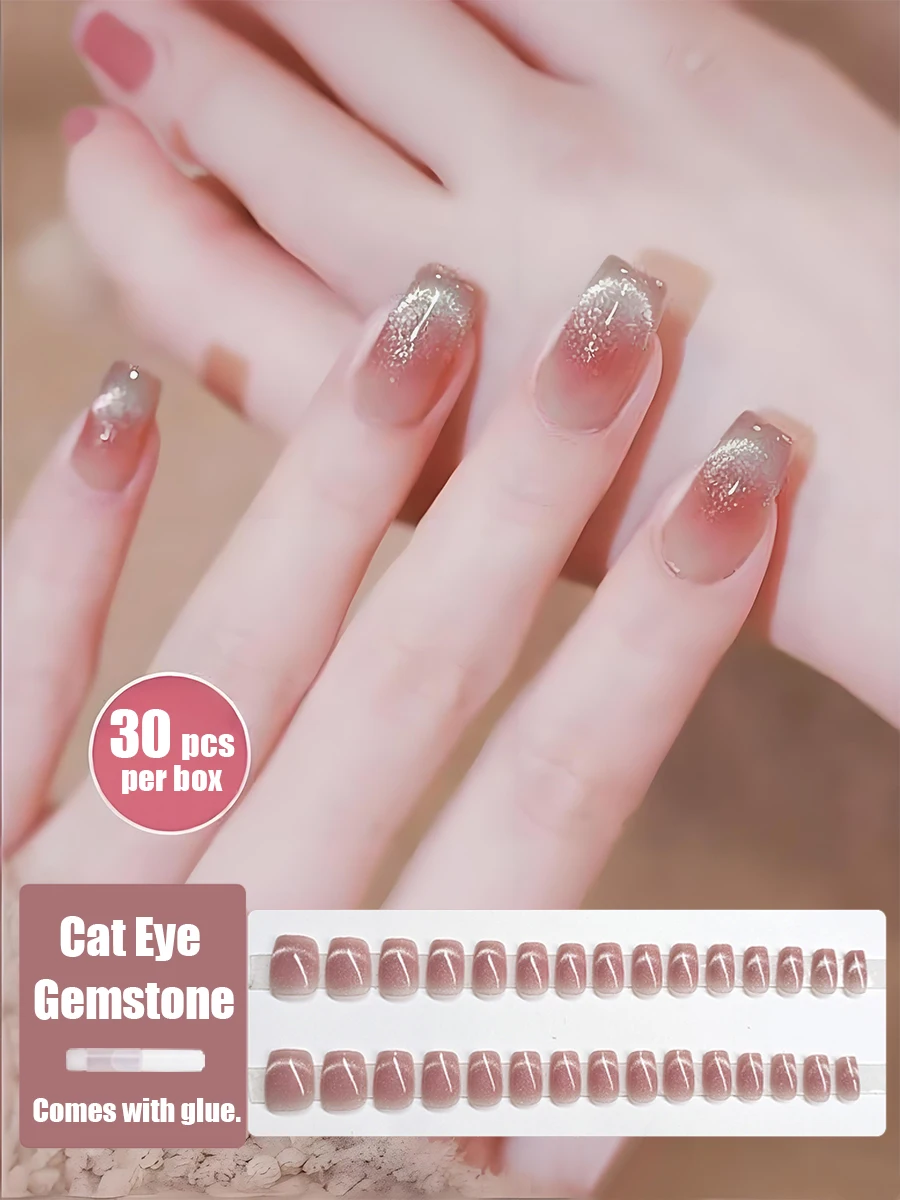 Elegante, reinweiße Cat-Eye-Press-on-Nägel, kurze, mandelförmige, handgefertigte künstliche Nagelspitzen für einfache Anwendung und langanhaltenden Halt.