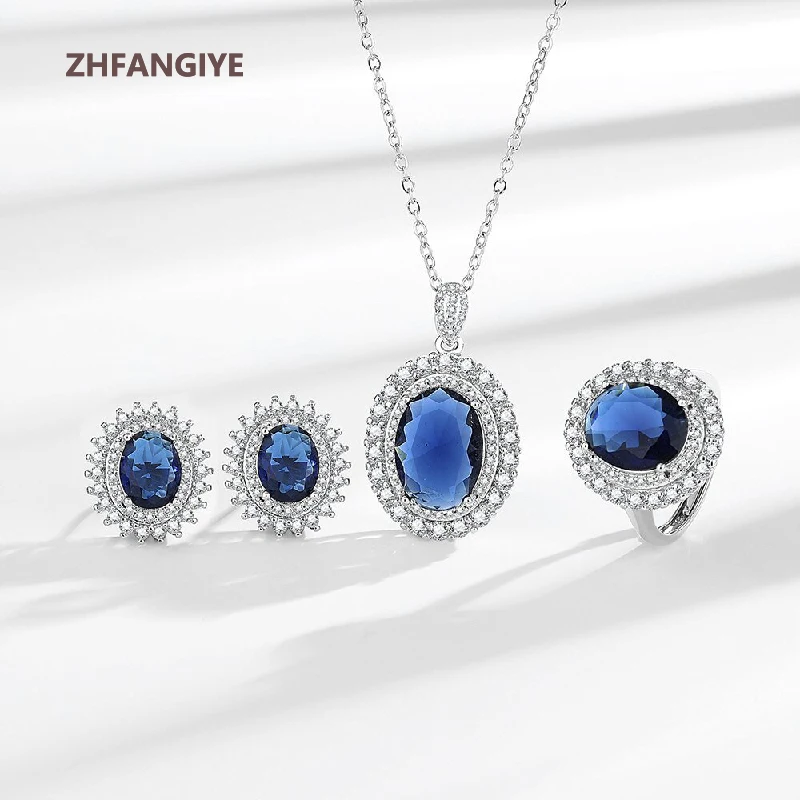 

ZHFANGIYE Luxury 925 Silver Jewelry Sets Ring Earrings Pendant Necklace with Sapphire Zircon Accessories for Women Wedding Party