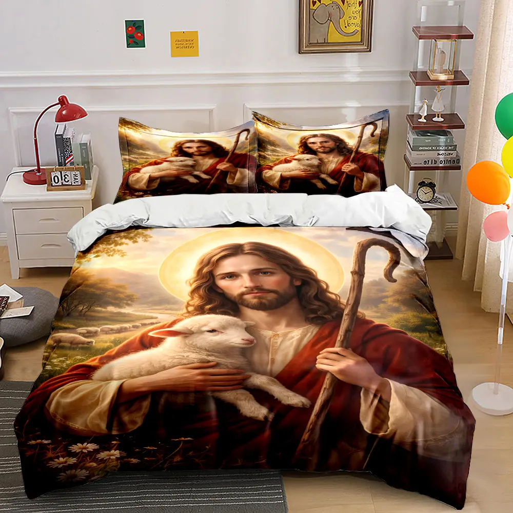 Jesus the Shepherd Theme Print Bedding Set 1 Duvet Cover 2 Pillowcases for Adult and Children Luxury Gift Full Size