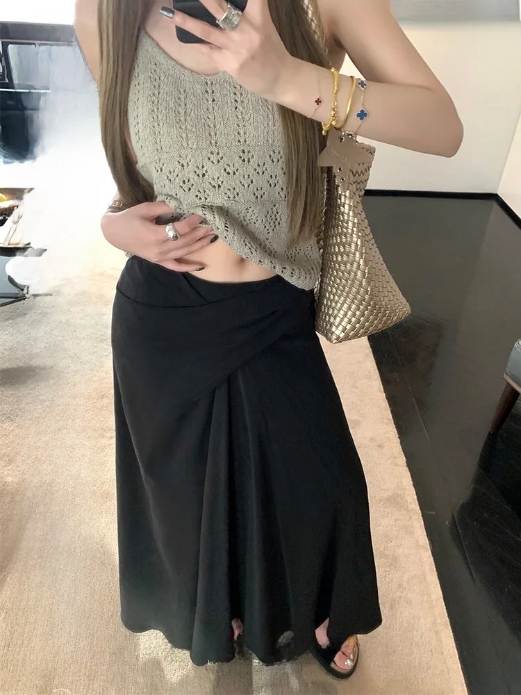 

Женская летняя юбка с низкой талией, асимметричным узлом, длинная, черная, облегающая, с эффектом стройности, модная, малого размера