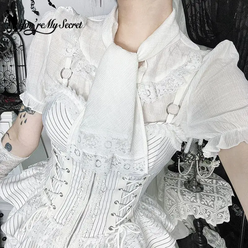 

[You're My Secret] Gothic Y2K White Strap Top Aesthetic Vintage Cute Tee Shirts Streetwear Fashion Slim Cropped Women's Tops