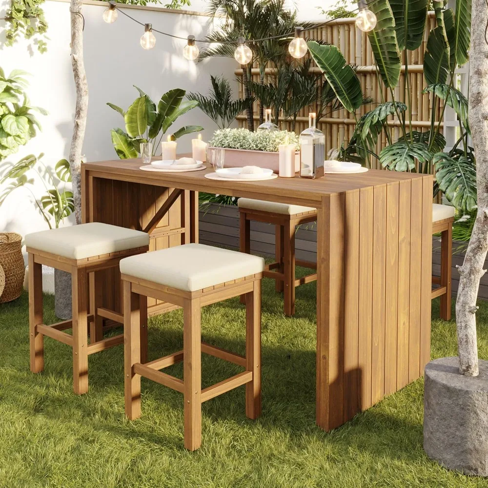 

5 Piece Outdoor Bar Set, Patio Acacia Wood Bar Height Table & Four Stools with Cushions, Poolside, Backyard Furniture for Stylis