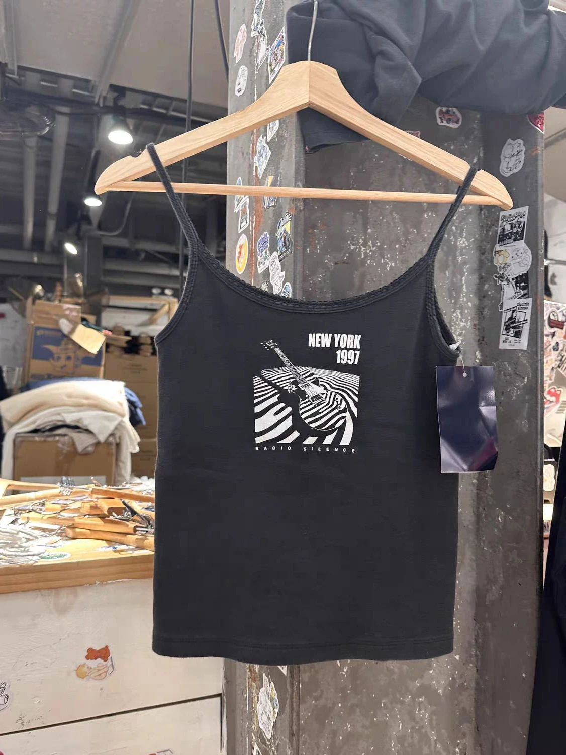 

Women's Guitar Print Black Slim Camisole Summer Lace Trim Cotton Sleeveless Crop Tops Vest Streetwear Vintage Casual Tank Top