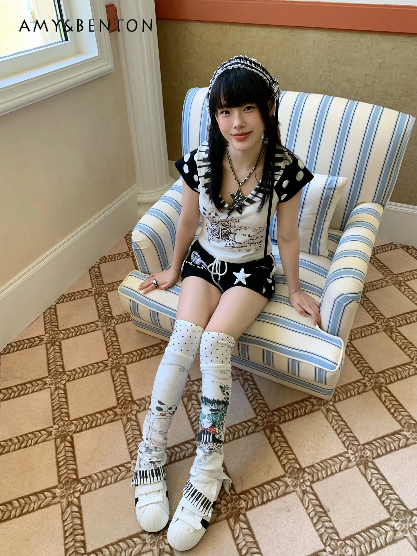Two-dimensional Anime Girl Polka Dot Printing Splicing Color Leg Warmer Summer Gothic Knee Socks Subculture Y2K Legwarmers Women