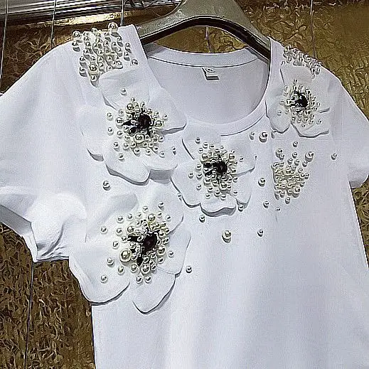 Fairy O-Neck Rhinestone Beautiful Pearls Beadeded Tees Luxury Crystal 3D Flowers Cotton T-shirts Short Sleeve Jumpers Crop Tops