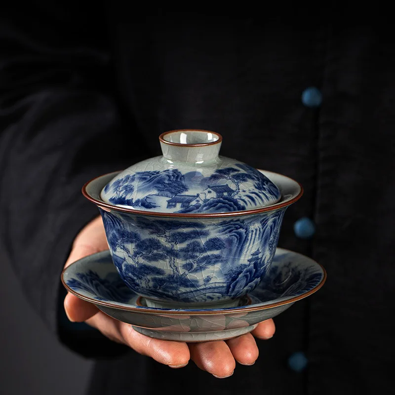 Old Clay Sancai Gaiwan Tea Cup Single High-End High-Mountain Water Ceramic Kung Fu Brewing Bowl Blue and White Set Small