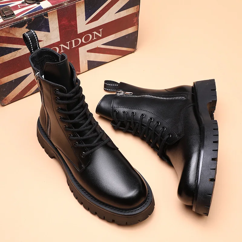 England style men\'s casual natural leather boots black trend platform shoes autumn winter cowboy boot handsome ankle botas mans