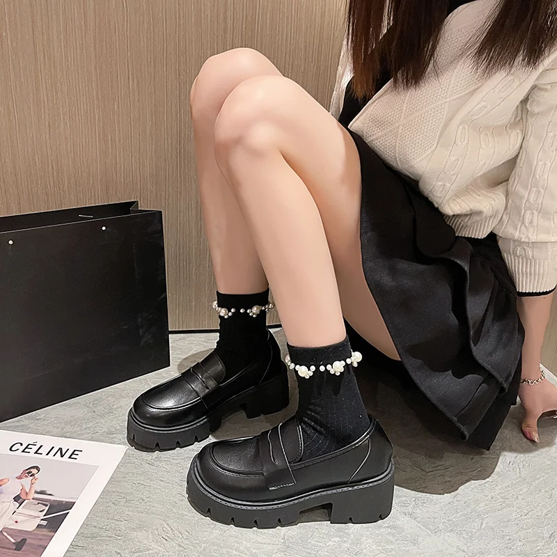 Chunky Loafers Women Platform Shoes Mary Janes Casual Leather Slip on Ladies Black Fashion Spring Autumn College Style