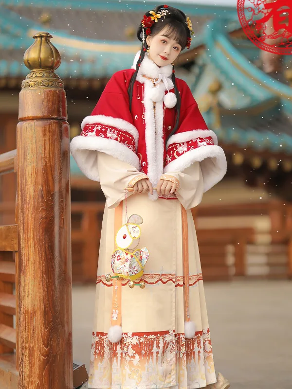 Women in Han and Tang Dynasty[Yao Rabbit]Ming style embroidered half arm draped jacket and horse face skirt set for New Year's