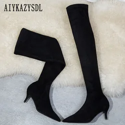 AIYKAZYSDL Spring Autumn Women Med Low Heel Boots Kitten Heel Fashion Slim Fit Slender Long Flock Faux Suede Boots Over The Knee