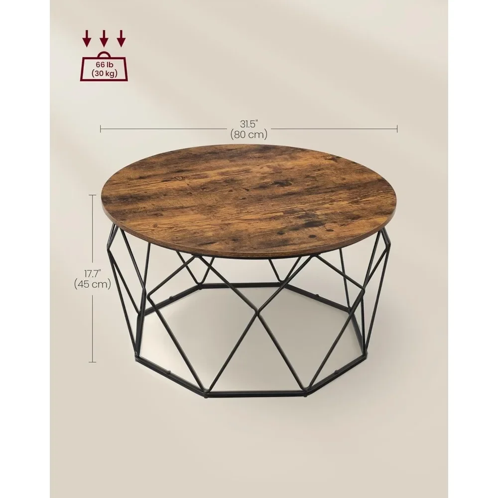 Round Coffee Table for Living Room, Cage Cocktail Table with Steel Frame, 31.5 Inches Dia., Industrial Style, Rustic Bro