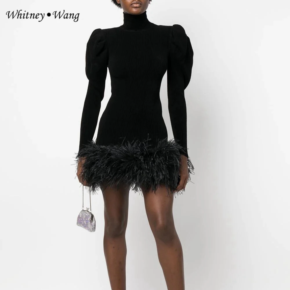 WHITNEY WANG Designer Style 2022 Autumn Winter Fashion Streetwear Puff Sleeve Ostrich Feathers Trim Knitted Mini Dress Women