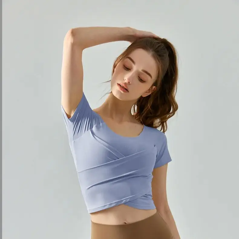 

Cross-pleated slimming yoga short-sleeved shirt with chest pads, one-piece yoga suit T-shirt, women's nude slimming fitness top