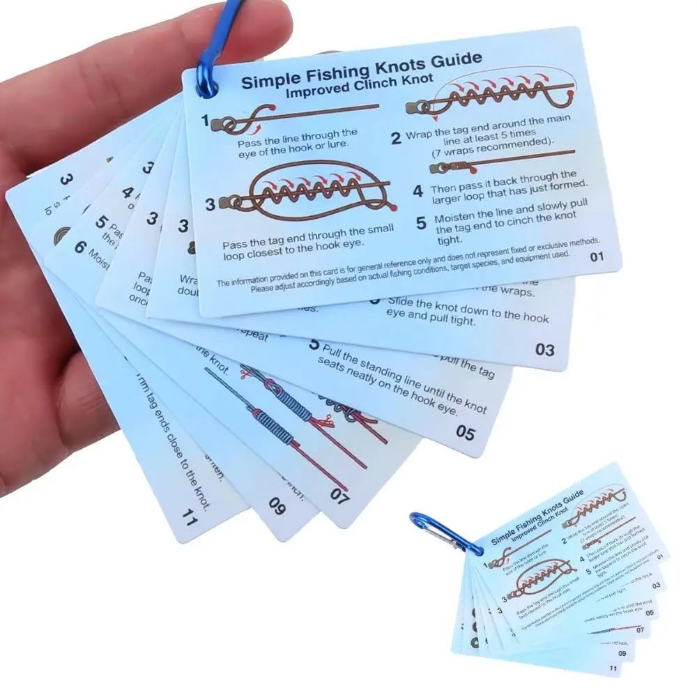 Carte de guide pour nœuds de pêche étanche avec clip porte-clés, guide de nouage, 2 styles, tutoriel étape par étape, carte de référence pour pêcheurs