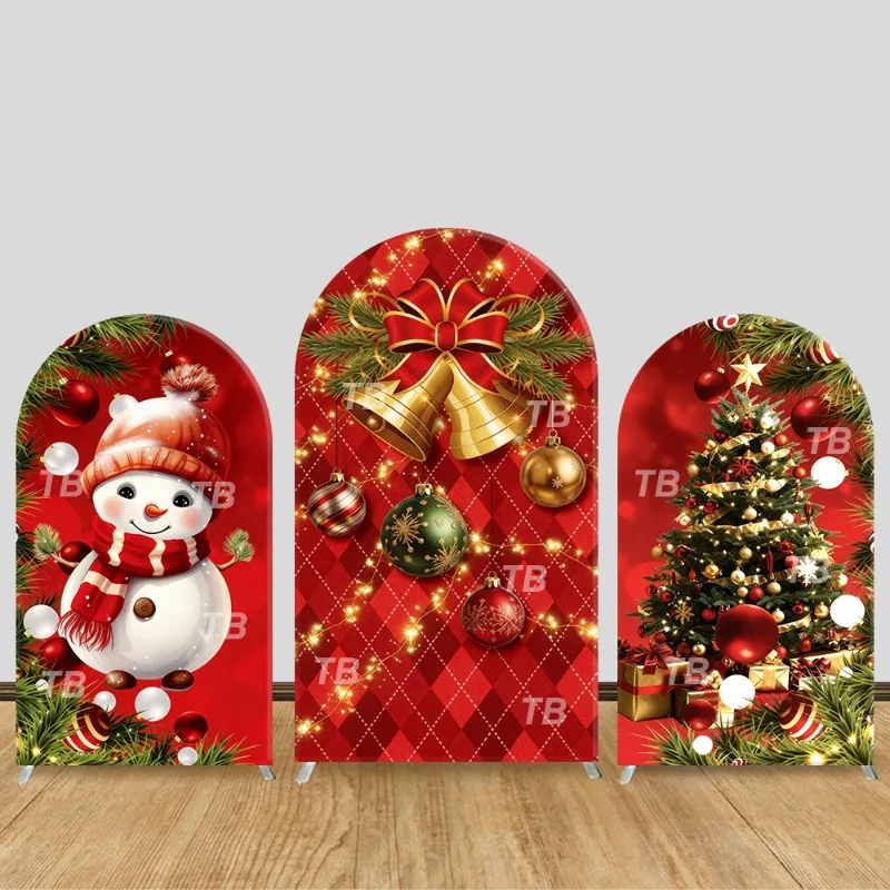 

Christmas Red Gold Snowman Bell Arch Backdrop Cover Tree Gift Theme Holiday Party Decor Photo Booth Background Supplies