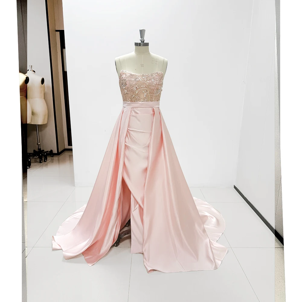 Vestido de noche rosa con tren capilla, apliques sin mangas de satén, elegante, sin tirantes, para eventos especiales, fiesta de graduación, vestido de lujo 2024