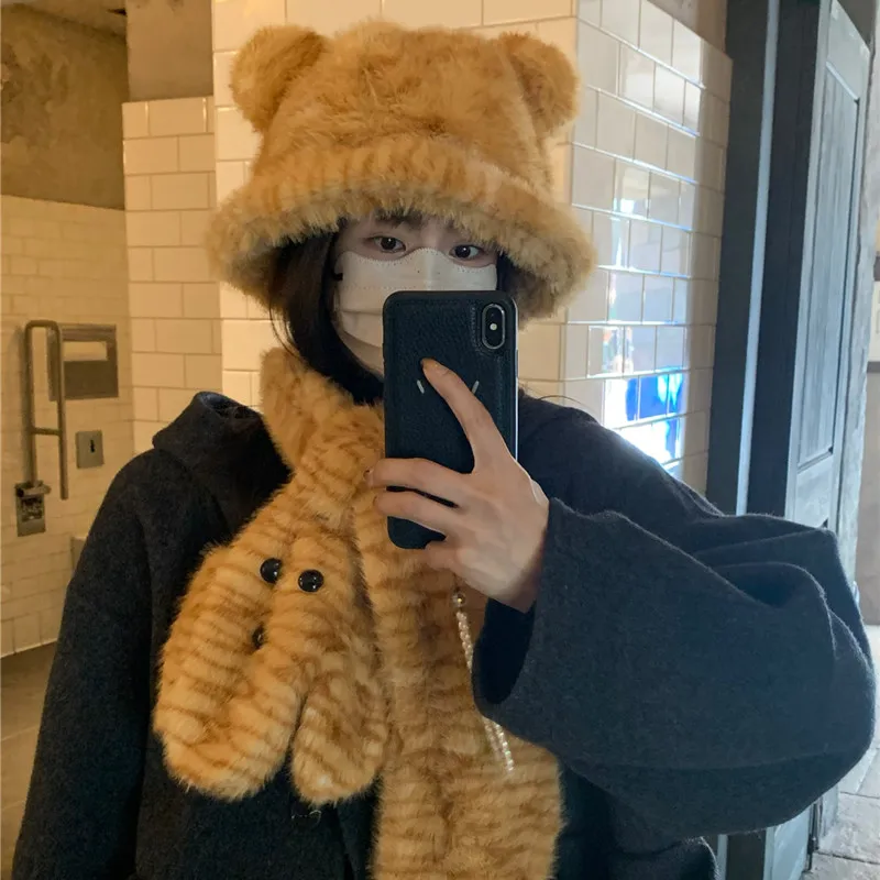 Bear Ears Plush Bucket Hats Winter Hat Scarf Two-piece Set Women Leopard Print Neck Protection Cold Proof Warm Cartoon Scarf