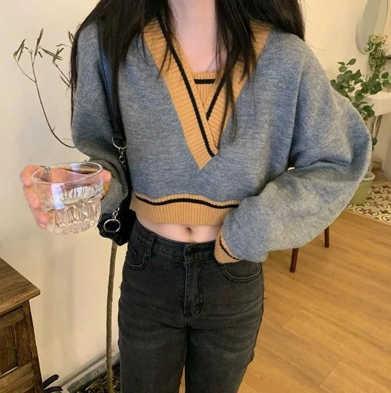 Suéteres femininos com decote em V, pulôveres cortados de retalhos, moda coreana solta