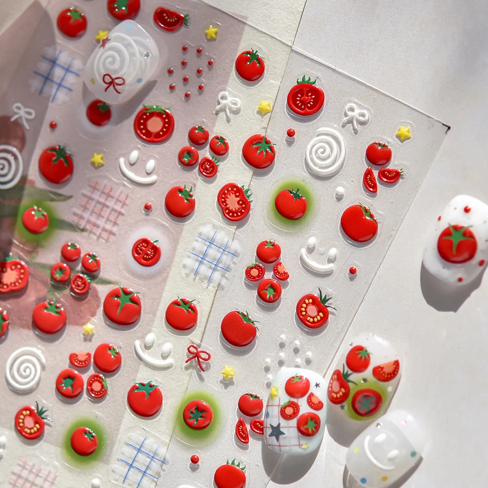 Entzückende Tomaten-Schleife, 5D-Nagelkunst-Aufkleber, glänzende rote Gelee-Sternmuster, süße verspielte selbstklebende Dekoration, Maniküre-Aufkleber