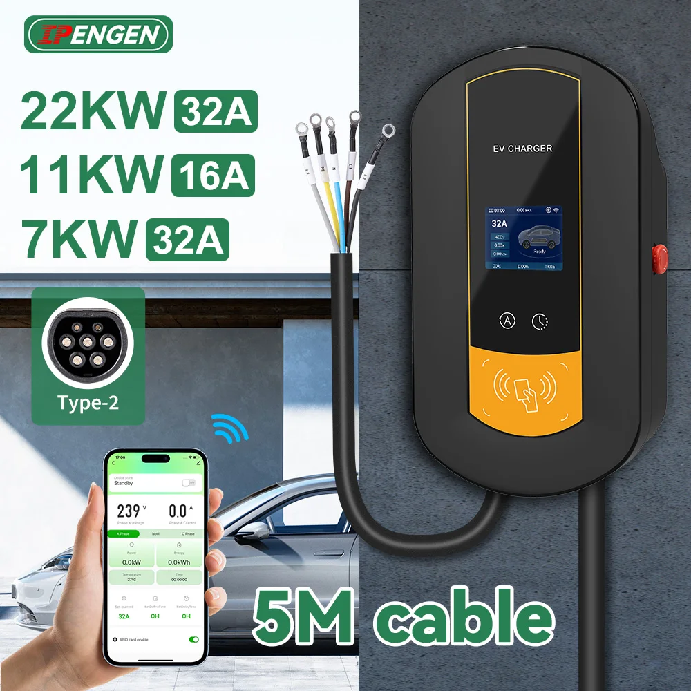 Estación de carga IPENGEN Type2 EV, cargador de vehículo eléctrico de 7KW /11KW / 22KW con tarjeta magnética, Control inalámbrico por aplicación, caja de pared de 16A/32A