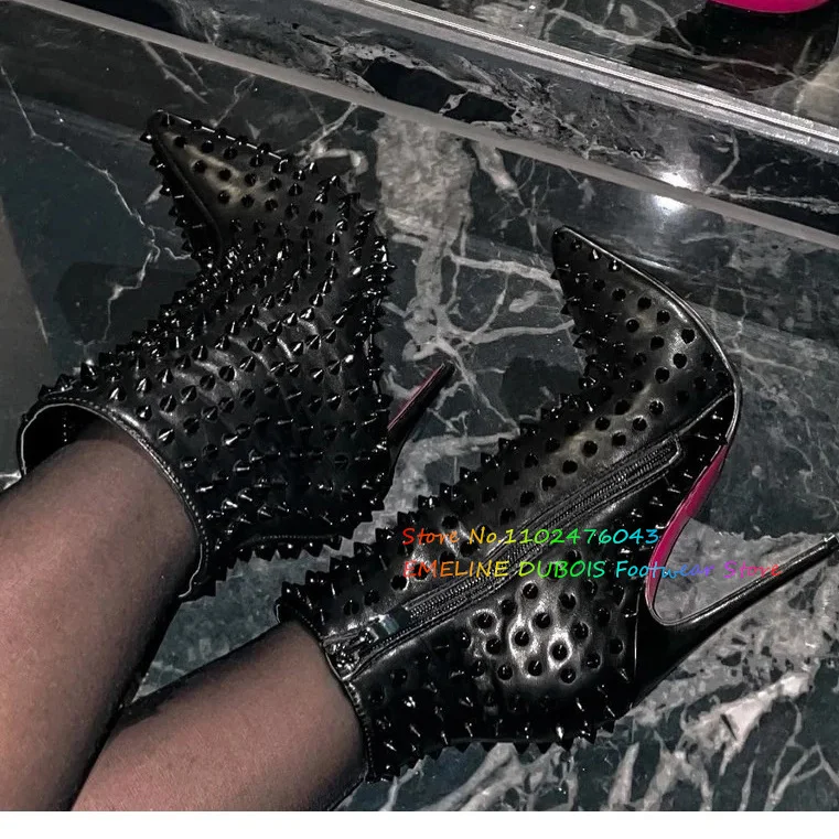 

Fashion Rivet Short Boots for Women Sexy Pointy Leather Stiletto Heel Side Zipper Solid Color Ankle Boot Ladies Shoes Black