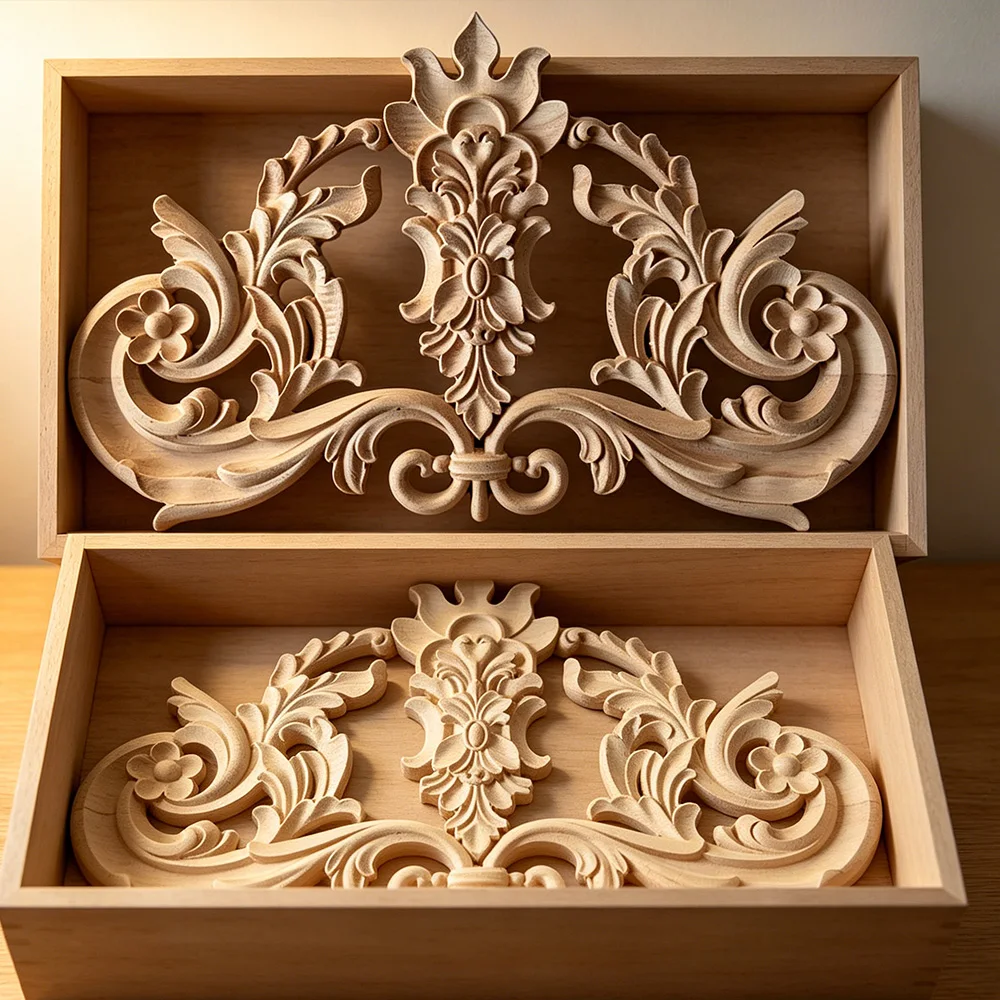 1PC Retro Natural Wood Applique Onlay Decal Rubber Figurines Decoration Floral Large Rose Crown Leaves Vintage Home Decor