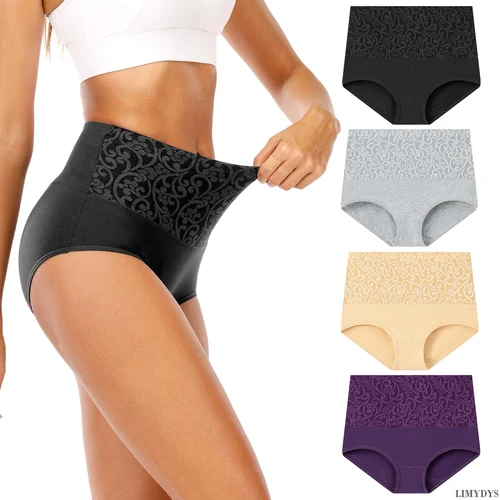 Braguitas de algodón de cintura alta para mujer, bragas suaves, elásticas y cómodas de talla grande, ropa interior de cobertura completa para mujer (paquete de 4)