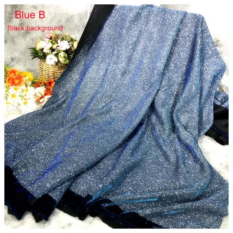 Stretch Fabric 1 Meter Magic Blue Gradual Color Elastic Knitted Glitter  Sequin Cloth for Dress Sewing Clothing Designer Fabric