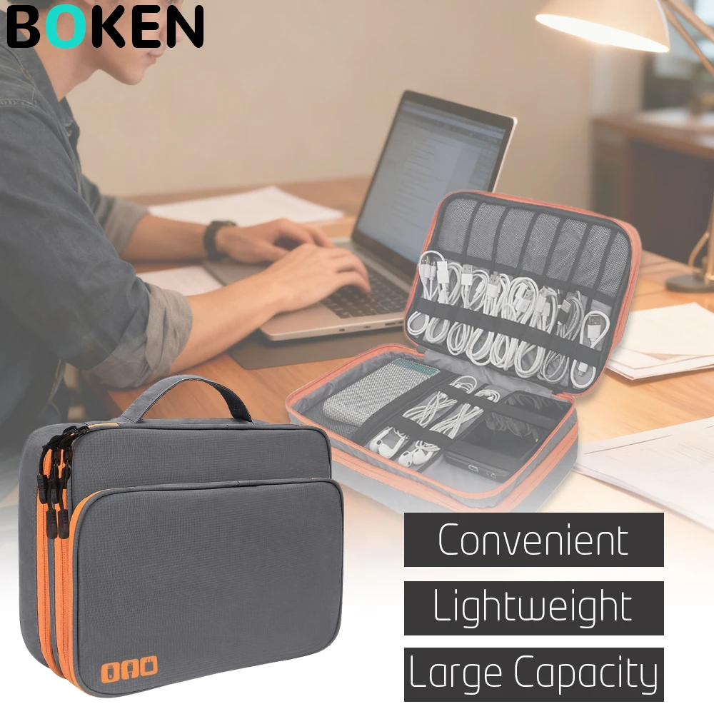 

3-Layer Waterproof Cable Organizer Bag with Handle, Large Capacity Portable Electronics Accessories Pouch for Travel Storage